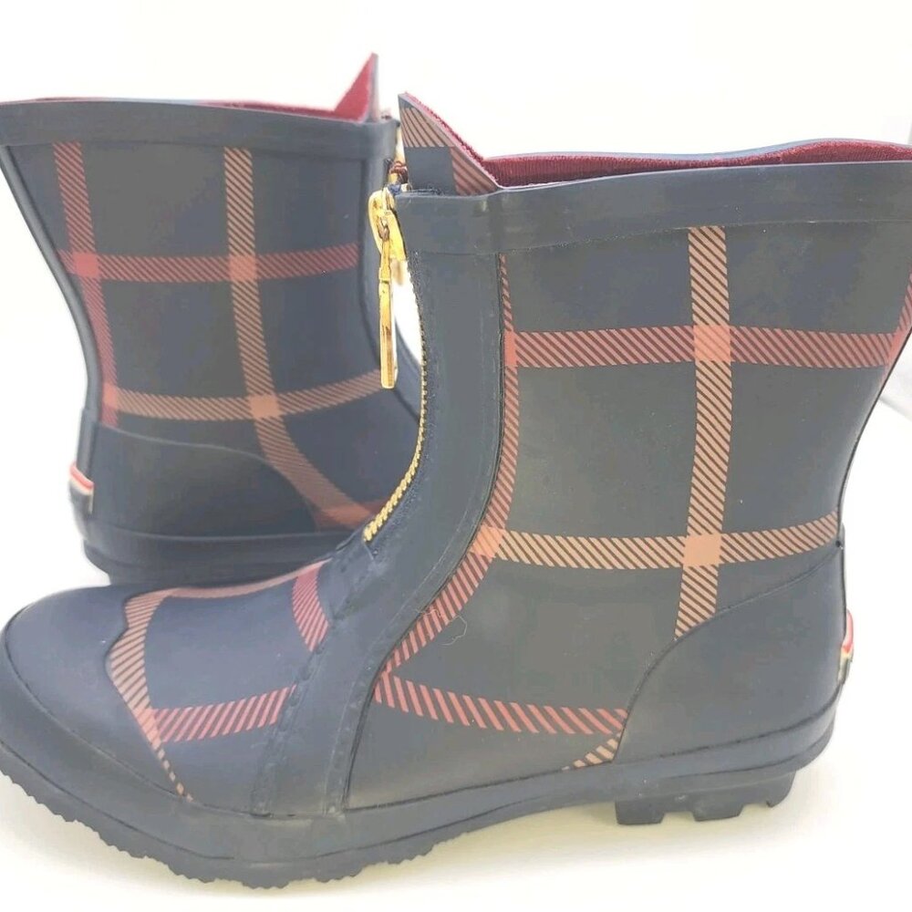 Tommy Hilfiger Boots Womens 8 Twryann Front Zip Plaid Rain Boot Blue Red Rubber
